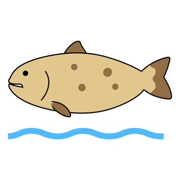 A flat design illustration of a flounder with a wide, flattened body. The flounder is depicted in shades of light brown and beige with darker brown spots scattered across its surface. Its eyes are located on one side of its body, and the mouth is slightly open, revealing a small row of teeth. The fins are spread out, illustrating the shape and texture of the fish. Below the flounder, a light blue wavy line represents water, enhancing the educational aspect of the illustration. The background is simple and unobtrusive, keeping the focus on the flounder itself.