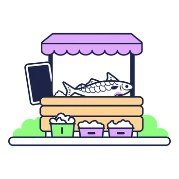 A roadside stand is set up with a wooden counter displaying fresh fish. On the counter, there is a large dead fish prominently positioned at the front, showcasing its scales and fins. Behind the fish, there are several other fish arranged neatly, including smaller varieties. The stand is covered with a simple awning, providing shade, and a chalkboard sign is placed to the side, listing the types of fish available for sale. A few colorful plastic crates filled with ice sit underneath the counter, ready to keep the fish fresh. In the background, there are hints of greenery, suggesting a rural setting.