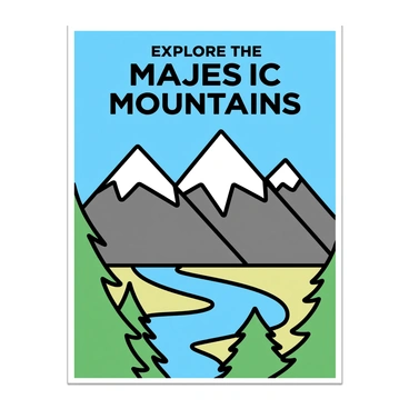 A medium-sized travel poster features a mountain view with sharp peaks and a clear blue sky. In the foreground, there are lush green pine trees framing the scene. The mountains appear majestic, with patches of white snow on their summits. A winding river flows at the base of the mountains, reflecting the colors of the sky. The words "Explore the Majestic Mountains" appear prominently at the top in bold, vintage-style typography.