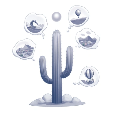A cactus stands tall in a barren desert landscape, its spiky arms reaching upwards. It is positioned under a bright sun that casts distinct shadows on the ground. Above the cactus, several thought bubbles appear, each containing detailed images of various adventures. One thought bubble illustrates the cactus surfing on a large wave, while another shows it exploring a bustling marketplace surrounded by colorful tents. A third bubble depicts the cactus climbing a mountain, and a final one features the cactus in a hot air balloon soaring over vast landscapes. The scene captures the vibrancy of the cactus's imagination against the stark simplicity of its environment.