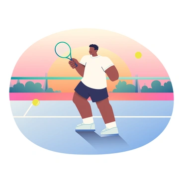 A player with dark skin and curly hair is practicing their serve on an empty tennis court during sunset. The player is wearing a white sports shirt and black shorts, and they are focused on their stance. The court has a light blue surface, and the surrounding area is bathed in warm orange and pink hues from the sunset. Shadows stretch across the court, and a single tennis ball is in the air mid-serve, with the player's racket poised to make contact. The background features distant trees silhouetted against the vibrant sky.