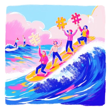 A wave of people is riding a vibrant, stylized digital wave. Each person is balancing on a surfboard while holding a large "hashtag" symbol high above their heads. The wave is composed of various bright colors, creating a dynamic and energetic scene. Some riders are laughing and cheering as they navigate the crest of the wave. In the background, additional smaller waves can be seen, contributing to the lively atmosphere. Each rider has a unique outfit, showcasing different styles and colors, enhancing the diversity of the group.