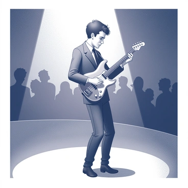 A musician stands on a dimly lit stage, holding a musical instrument close. The musician has a sad expression, with downturned eyes and a slight frown, conveying a sense of melancholy. The stage is empty of audience members, creating a stark contrast to the musician's emotional performance. Shadows play across the stage, enhancing the somber atmosphere. The instrument, detailed in design, is being played with precision, while the musician's body language reflects deep engagement with the music despite the absence of an audience.