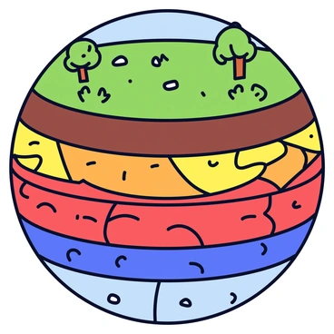 A colorful mosaic art piece featuring distinct layers of the earth. The top layer is represented in vibrant green, symbolizing the surface with trees and grass. Below this, a layer of rich brown represents the soil, interspersed with small stones. Further down, a layer of orange symbolizes the mantle, illustrated with textured patterns. The innermost layer, shown in deep red, represents the outer core, with swirling patterns to indicate movement. Each layer is separated by thin black lines, enhancing the colorful contrasts. The mosaic is arranged in a circular format, giving an overview of the earth's internal structure.