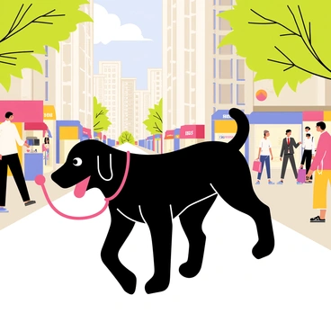 A black Labrador Retriever on a leash, walking along a bustling city street. The dog has a shiny coat and a friendly expression. People in the background are engaged in various activities, such as talking and shopping. Tall buildings surround the street, with colorful storefronts displaying merchandise. The sidewalk is filled with pedestrians, some carrying bags and others chatting with friends. Trees with green leaves line the street, creating a lively urban atmosphere.