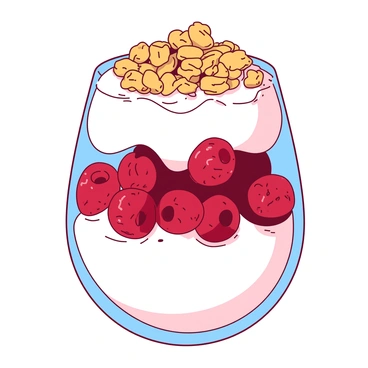 A clear glass parfait filled with layers of white yogurt, vibrant red raspberries, and golden granola. The yogurt sits at the bottom, smooth and creamy, followed by a generous layer of fresh raspberries that form a colorful contrast. Above the raspberries, a layer of crunchy granola adds texture and an inviting appearance. The granola is sprinkled generously on top, creating a delightful finish. The glass showcases the distinct layers beautifully, making the parfait visually appealing.