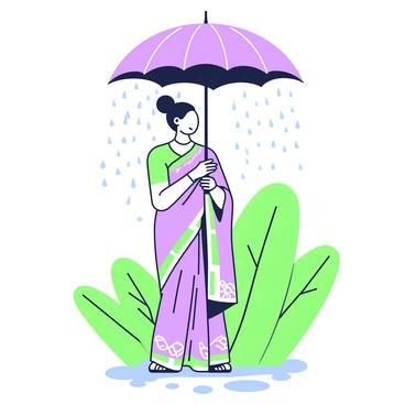 An Indian woman is standing under a gentle monsoon rain, holding a large umbrella above her head. She is wearing a traditional saree with intricate patterns, the fabric flowing gracefully around her. Her hair is neatly tied back, and she has a subtle smile on her face as she gazes at the falling rain. The scene includes drops of rain visibly splashing on the ground around her, creating small puddles. In the background, there are lush green plants and trees, enhancing the ambiance of the rainy season.