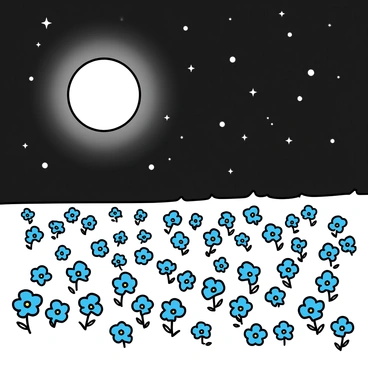 A vast field filled with clusters of "blue flowers" swaying gently in the night breeze. The flowers cover the ground in a vibrant hue, creating a natural tapestry. Above, a "starry night sky" is filled with countless small, shining stars. A bright "full moon" hangs low, casting a soft glow over the field, illuminating the flowers and creating gentle shadows on the ground. The overall scene radiates a sense of tranquility and beauty, showcasing the harmony between nature and the night sky.