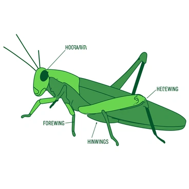 A green grasshopper is depicted in a close-up view, showcasing its detailed anatomy. The grasshopper's body is segmented into distinct parts, each clearly labeled. The head features prominent antennae with labels pointing to them. The compound eyes are large and detailed, with a label highlighting their structure. The thorax is well-defined, and the labels indicate the forewings and hindwings. The abdomen shows visible segments, each labeled accordingly. The illustration captures the intricate features and structure of the grasshopper, emphasizing its scientific classification.