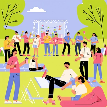 A lively crowd gathered in a park, enjoying live music at an open-air summer concert. The scene features people of various ages dancing and smiling, with some holding colorful drinks in their hands. In the background, a stage is set up with musicians performing, surrounded by vibrant lights illuminating the night sky. The audience is seated on picnic blankets and folding chairs, while others stand, swaying to the rhythm of the music. Trees are visible in the background, gently swaying in the summer breeze, and a few clouds can be seen in the clear blue sky.