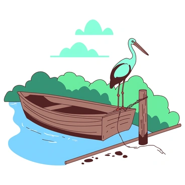 A teal stork is standing on the edge of a brown wooden boat that is docked beside a calm lake. The stork is balancing gracefully on one leg, with its long neck extended and its beak slightly open. Water ripples gently around the boat, reflecting the surrounding greenery and clear sky. The boat is secured with a thin rope tied to a weathered post, and there are a few scattered pebbles along the edge of the dock.