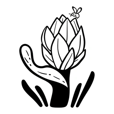 A tiny insect with delicate wings perched on the curved edge of a large artichoke leaf. The leaf has prominent veins and a textured surface, showcasing its natural patterns. The artichoke itself stands tall, with its layered leaves forming a distinctive shape. The background features subtle outlines of additional greenery, enhancing the focus on the insect and the artichoke.