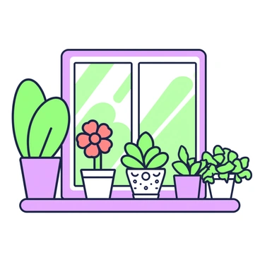 A sunlit window sill displays a variety of potted plants and flowers. On the left, there is a tall green plant with broad leaves in a clay pot. Next to it is a potted flower with bright blooms, featuring a vibrant arrangement of petals. In the center, a small succulent with thick leaves is placed in an intricate patterned pot. To the right, there is a cluster of herbs in smaller pots, including basil and mint, showcasing their lush green foliage. Sunlight casts gentle shadows, illuminating the rich textures of the leaves and petals.