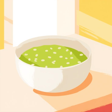 A ceramic bowl with a smooth, glossy finish, featuring a soft earthy tone, is filled to the brim with small, round, nutrient-rich hemp seeds. The seeds have a pale green hue, scattered throughout the bowl. The bowl is positioned on a wooden kitchen counter with a light grain texture, and the surface shows hints of a cozy kitchen environment. Warm sunlight is streaming in from a window, casting gentle shadows around the bowl, highlighting the texture of the seeds and the ceramic.