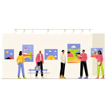 An art gallery with bright white walls displaying a variety of colorful paintings in different sizes. Each painting features vivid colors and unique designs, ranging from abstract shapes to scenic landscapes. Several visitors are positioned throughout the gallery, some standing in front of the paintings with expressions of admiration. A group of two people is discussing a large painting with bold brushstrokes, while another visitor is taking notes in a small notebook. The floor is polished wood, and there are minimalistic benches for resting placed strategically in the space.