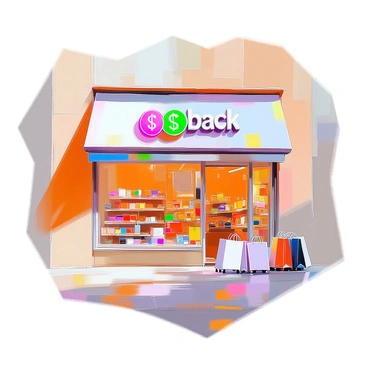 A shopfront featuring a large "cashback" symbol displayed prominently above the entrance. The shopfront has large glass windows revealing colorful merchandise inside. The building is painted in a bright and inviting color, attracting customers. There are well-arranged shelves visible through the windows, showcasing various items for sale. The "cashback" symbol is bold and eye-catching, created with vibrant colors, positioned centrally to draw attention from passersby. A few shopping bags are placed outside, indicating recent customer activity.