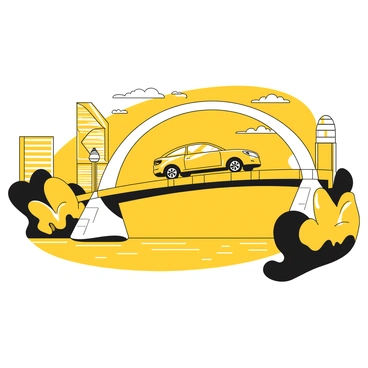 A sleek car crossing an architecturally stunning modern bridge over a wide river