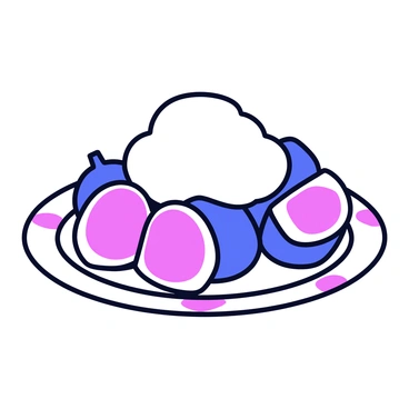 A small, round plate with a floral pattern holds a cluster of fresh figs. The figs are cut in half, revealing their vibrant pink interiors. A generous dollop of fluffy whipped cream sits atop the figs. The plate is positioned on a smooth surface, adding to the presentation of the dessert.