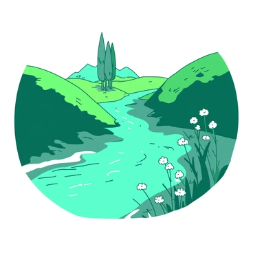 A teal river flows gently through a lush valley, winding its way past vibrant green hills. The water glistens under the sun, reflecting the surrounding landscape. Along the riverbank, there are clusters of small white wildflowers swaying softly in the breeze. In the distance, a group of tall trees stands majestically, their leaves rustling gently. The scene captures a sense of tranquility and natural beauty.