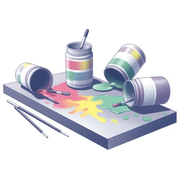 A variety of paint containers are placed on a wooden surface. Some of the containers have been tipped over, spilling their contents. The paints are splattered and blended together, resulting in a new color that is not easily identifiable. Various brushes are scattered around the scene. The texture of the paint is thick and glossy, showing the mixing process. The mixture creates an abstract pattern where colors swirl together, showcasing the chaos of the accidental blending. The background is out of focus, allowing the vibrant colors in the foreground to take center stage.