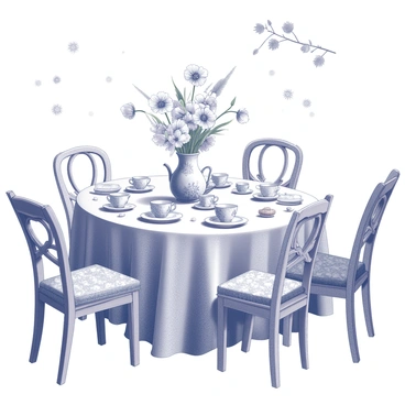 A whimsical tea party setting is arranged on a neatly spread tablecloth adorned with intricate patterns. The table is set with fine china teacups and saucers, each showcasing delicate floral designs. In the center of the table, a large arrangement of "California poppies" creates a vibrant focal point, their unique petals elegantly arranged in a decorative vase. Surrounding the table are mismatched chairs, some with intricate woodwork and others with colorful upholstery. Soft sunlight filters through the leaves of nearby trees, casting playful shadows across the scene, while scattered pastries and a teapot complete the enchanting atmosphere.