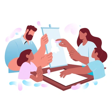 A family is gathered around a 1/16 illustration board, focused on creating a portrait together. The family members include a father with short hair, a mother with long hair, and two children, one boy and one girl. The father is gently holding a set of pastels, while the mother guides the children in selecting colors. The children are eagerly choosing vibrant pastel sticks, their hands reaching out toward the board. The illustration board is positioned on a wooden table, and the surrounding area is filled with scattered pastel colors. A warm, inviting atmosphere is created by the soft hues of the pastels and the shared smiles of the family.