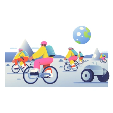 A group of cyclists in bright, colorful spacesuits are racing on the lunar surface. The cyclists are leaning forward, pedaling vigorously on sleek, futuristic bicycles designed for the Moon's low gravity. Some cyclists have visors down, while others have their helmets slightly lifted. Nearby, several lunar rovers are parked, featuring metallic surfaces and large, rugged tires designed for traversing the rough terrain. The vast, gray landscape of the Moon stretches out in the background, dotted with craters and boulders. In the sky, Earth is visible as a vibrant blue and white orb, providing a stunning contrast to the moon's surface.