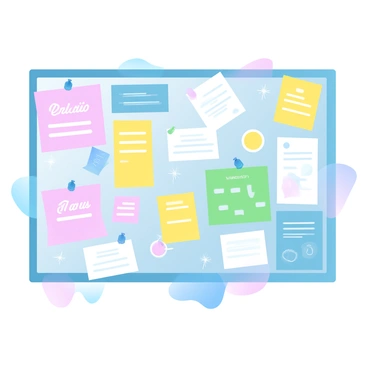 A bulletin board is filled with an assortment of notices, memos, and colorful flyers. The board is covered with various papers in a range of bright colors, including pink, yellow, blue, and green. Each flyer features different fonts and graphics, showcasing events such as workshops, team outings, and community gatherings. Some notices have push pins or clips holding them in place, while a few papers are slightly overlapping each other. The background is a subtle gradient that enhances the vibrancy of the content displayed on the board.