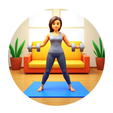 A woman performing "dumbbell front raises" while standing on a "yoga mat." She has a focused expression on her face as she lifts the dumbbells in front of her. The living room features a cozy atmosphere, with soft lighting illuminating the space. There are indoor plants in the background, adding greenery to the scene. The woman is wearing comfortable workout attire, and the dumbbells are metallic with a sleek design. The floor is wooden, enhancing the warm ambiance of the room.