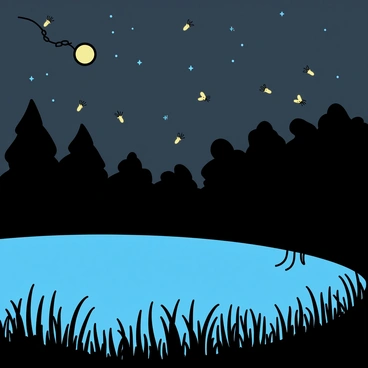 A pond with still water reflecting the moonlight, surrounded by tall grass. Tiny fireflies are visible, glowing softly as they dance in the air above the pond. The scene is illuminated by the warm light of the fireflies against the dark backdrop of the night sky filled with stars. Trees can be seen in the distance, their silhouettes outlined softly against the faint light.