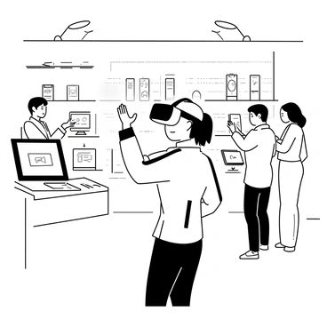 A consumer standing in a futuristic tech store, wearing a virtual reality headset. The person has short hair and is wearing a sleek jacket with high-tech features. Their hands are raised as if interacting with virtual objects. Surrounding them are various advanced gadgets displayed on sleek, modern shelves, including holographic displays and interactive screens. The store features a clean, minimalist design with bright, ambient lighting illuminating the space. The background includes other customers engaging with different technologies.