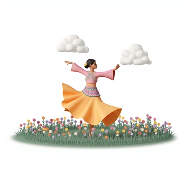 A dancer, wearing a vibrant, traditional outfit with intricate patterns and colorful embellishments, is performing gracefully in a wide field filled with blooming flowers of various colors. The dancer's flowing clothing sways with each movement, reflecting the sunlight. Surrounding the dancer, there are clusters of bright wildflowers in shades of red, yellow, and purple, creating a vivid contrast against the green grass. The sky above is clear with a few fluffy white clouds, enhancing the natural beauty of the scene.