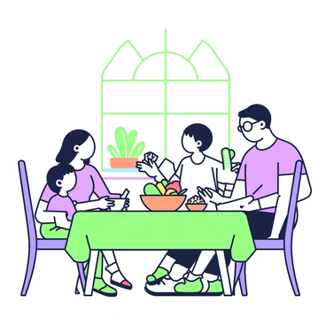 A family is gathered around a kitchen table, planning a stomach-friendly meal. The table is set with a green tablecloth and is surrounded by four chairs. In the center, there is a large bowl filled with colorful vegetables such as cucumber, carrots, and bell peppers, accompanied by a smaller bowl of quinoa. The family members consist of a mother with long hair, a father wearing glasses, and two children, one boy and one girl. The mother is holding a notepad in her hand while discussing the meal options. Sunlight streams through a window, illuminating the space and creating a warm atmosphere. A small plant sits on the windowsill, adding to the cheerful environment.