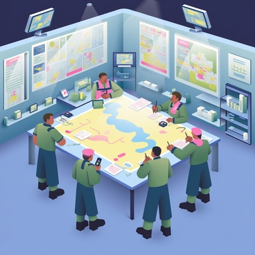 An underground military command center is depicted with a large, central table covered in detailed maps featuring various regions and tactical overlays. Multiple communication devices, including radios and screens displaying data, are arranged around the table. The walls are lined with shelves holding additional maps and military equipment. A group of officers with various uniforms are engaged in discussion, pointing at the maps and taking notes. The lighting is dim, with focused beams illuminating specific areas of the room, creating a sense of urgency and strategy. Overall, the atmosphere conveys intense collaboration and planning.