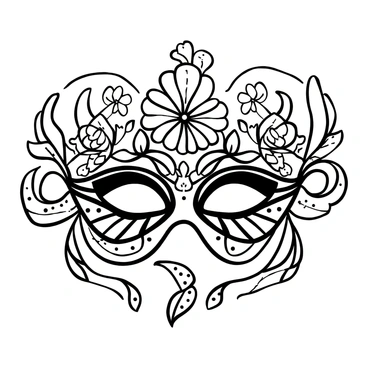 A "masquerade mask" designed with intricate patterns of "blooming flowers" and "vines" wrapping around its edges. The flowers display various shapes and sizes, creating a lush effect. The background features softly swirling lines that mimic the curves of the vines, enhancing the elegance of the mask. The entire composition showcases the detailed craftsmanship and ornate nature of the mask design.