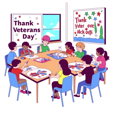 A group of children in a bright classroom is gathered around tables, engaged in creating art projects to celebrate "Veterans Day." Some children are painting using vibrant colors, while others are cutting out red and white paper to make decorations. One child is gluing together a collage of stars and stripes representing the American flag. The walls of the classroom are adorned with completed artwork, showcasing drawings and crafts dedicated to veterans. A large poster with the words "Thank You Veterans" is displayed prominently in the background.