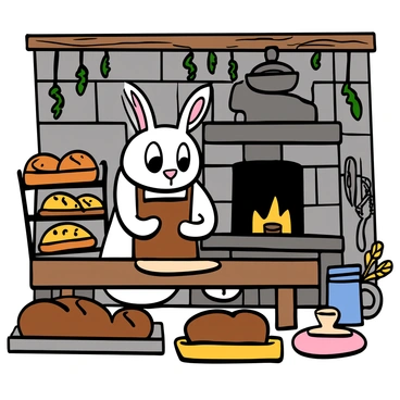 A cartoon illustration of a rabbit with white fur and big eyes, wearing a small brown apron, standing on its hind legs in a medieval kitchen. The rabbit is using its paws to knead dough on a wooden table. Surrounding the rabbit are various freshly baked loaves of bread and pies, some cooling on racks and others displayed on a table. The kitchen has stone walls, wooden beams, and a large fireplace with a pot hanging above it. There are herbs hanging from the ceiling and utensils scattered around, emphasizing the bustling kitchen atmosphere.
