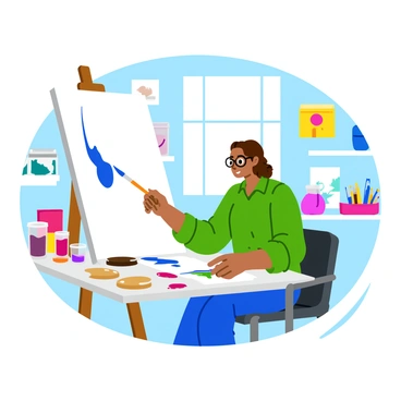 A shy artist with a reserved demeanor is focused intently on painting on a large white canvas. The artist has curly brown hair and wears round glasses. The studio is filled with various art supplies, including jars of paint, brushes, and palettes scattered around. Soft natural light enters through a large window, illuminating the artist and the canvas. The walls of the studio are adorned with vibrant paintings and sketches, showcasing the artist's talent. A wooden easel supports the canvas as the artist holds a brush dipped in bright blue paint, creating a colorful scene.