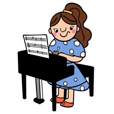 A cute girl with light skin and big eyes is sitting at a black piano, focused on playing. She has long, wavy brown hair tied back with a colorful hairband. In front of her, there is sheet music placed on the piano stand, featuring musical notes. She is wearing a light blue dress with white polka dots and has a bright smile on her face as she plays. The background is filled with soft, warm light, highlighting her joyful expression.