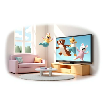 A living room with a large flat-screen television positioned against a wall. The television displays colorful cartoon characters, including a cheerful rabbit, a mischievous fox, and a playful bear, all in vibrant colors. The characters are leaping out of the screen and into the room, with expressions of excitement and joy. The living room features a cozy couch adorned with patterned cushions, a coffee table in front of it, and a plush rug on the floor. Sunlight streams through a window, casting a warm glow in the space, enhancing the lively scene.