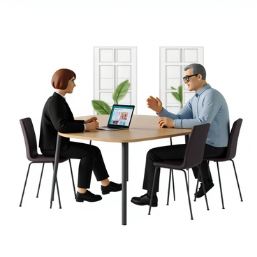 A designer with short brown hair and wearing a black blazer is sitting at a modern wooden table. The designer has a laptop open in front of them, showcasing their portfolio with a colorful interface. Across from them, a respected industry professional with gray hair and glasses is attentively reviewing the portfolio. The professional is wearing a smart-casual outfit, consisting of a light blue shirt and dark trousers. The setting is a bright, contemporary office space with minimalist decor, large windows allowing natural light to flood the room, and plants in the background.