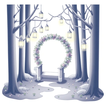 A forest filled with tall, slender trees. The ground is covered with soft moss and scattered wildflowers. Glowing lanterns hang from the branches, casting gentle light throughout the area. Floral wreaths made of various flowers are intertwined with the tree trunks and draped across the entrance area. In the center, a wooden altar is adorned with more floral arrangements, creating a romantic atmosphere for a wedding ceremony. The scene evokes a sense of enchantment and celebration.