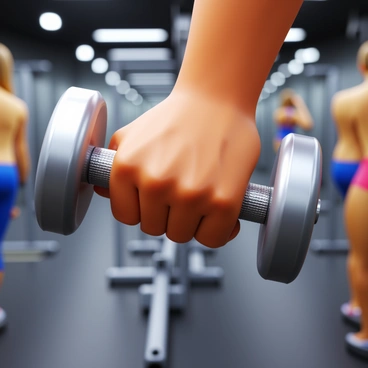 A close-up of a hand gripping a silver dumbbell. The hand is strong and muscular, with visible tendons and veins. The dumbbell has a textured grip for better handling. In the background, there are blurred outlines of gym equipment and people exercising, creating a sense of activity and motion. Bright, overhead gym lights illuminate the scene, casting highlights on the dumbbell and the hand.