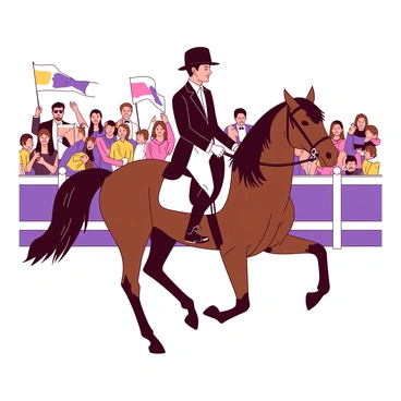 A rider in formal attire, wearing a tailored black jacket and a crisp white shirt with a neat tie, is elegantly riding a majestic horse performing a dressage routine. The horse has a shiny coat and a long mane flowing smoothly as it executes precise movements. The arena is compact, surrounded by cheering spectators who are captivated by the performance. Some spectators are holding colorful banners while others are taking pictures. Bright sunlight casts a warm glow over the scene, enhancing the overall atmosphere of the event.