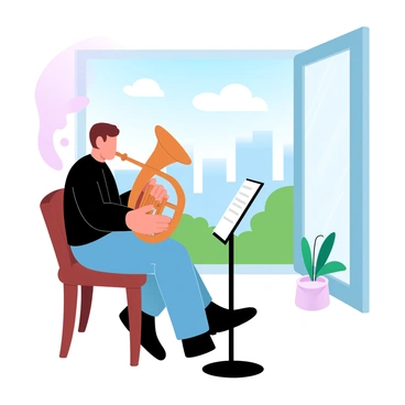 A musician is sitting on a wooden chair near an open window, practicing the French horn. The musician is dressed in a fitted black shirt and blue jeans, with sheet music placed on a stand in front of them. Sunlight is streaming through the window, casting gentle light within the room. Outside the window, a vibrant city view is visible with tall buildings and greenery, surrounded by a soft gradient of pastel colors that blend in the sky. A small potted plant is on the windowsill, adding a touch of nature to the scene.