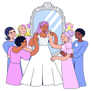 A bride is standing in front of a vintage mirror, adjusting her earrings. The bride is wearing a delicate white wedding dress with intricate lace details. Her hair is styled elegantly, with soft waves cascading down. Surrounding her are several bridesmaids, each wearing matching pastel-colored dresses. One bridesmaid is holding the bride's veil, while another is helping to fasten the earrings in place. The vintage mirror has an ornate frame, reflecting the soft lighting of the room. The background features floral decorations and a subtle hint of draped fabric, creating an atmosphere of anticipation and joy.