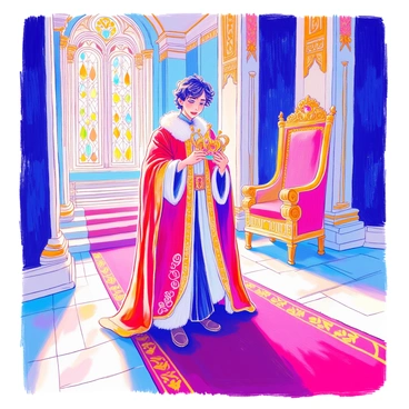 A young king with tousled dark hair stands in a grand palace hall, surrounded by ornate decorations and gilded accents. He is wearing a velvet robe with intricate embroidery that drapes elegantly around him. In his hands, he holds a shining gold crown, adorned with jewels of various colors. His expression is a mix of excitement and nervousness as he carefully places the crown on his head. Tall columns line the sides of the hall, and sunlight streams through large stained-glass windows, casting colorful patterns on the marble floor. A plush red carpet stretches out beneath his feet, leading to a majestic throne at the far end of the hall.