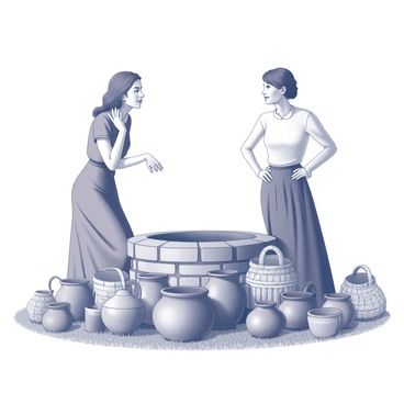Two women engaged in a conversation near a stone well. One woman, wearing a long, flowing dress, leans slightly forward with an animated expression while the other woman, dressed in a simple blouse and skirt, stands with her hands on her hips, listening intently. Surrounding them are several clay pots of various sizes, some stacked and others placed on the ground. Nearby, woven baskets, intricately crafted, are arranged on the grass, adding to the rural setting. The background features a few trees and a clear sky, emphasizing the peaceful atmosphere.
