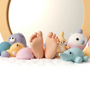 A close-up of a baby's tiny feet, resting on a soft, fluffy surface, partially visible in a mirror. The feet are chubby with tiny toes, and the soles are smooth and delicate. Surrounding the feet are various soft toys including a plush teddy bear, a colorful bunny, and a soft elephant, all with friendly faces and vibrant colors. The mirror reflects the gentle light, creating a warm and inviting atmosphere in the scene.