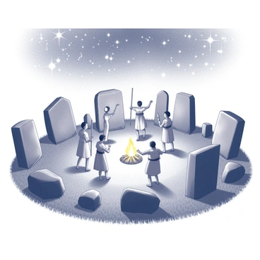 A circular arrangement of large, weathered stones stands in a grassy clearing. Each stone is uniquely shaped and varies in size, creating a defined boundary for the space within. In the center of the circle, a small, flickering fire is burning, casting light and shadows around the stones. Around the fire, several villagers are gathered, dressed in simple, flowing robes, some holding wooden staffs. They are engaged in a ritualistic dance, with arms raised and movements flowing in unison. The night sky above is filled with countless stars, creating a mesmerizing backdrop for the scene.